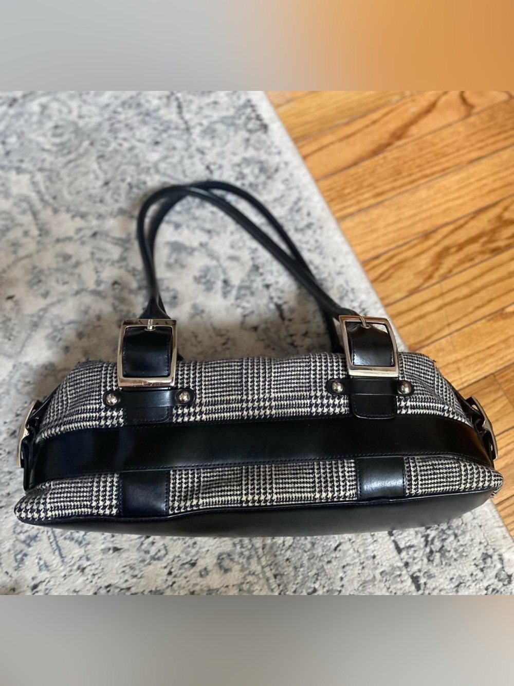 Wilson’s Leather Black & White Houndstooth Shoulder Bag Silver Buckles Y2K